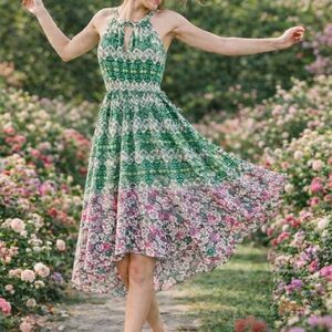 BCBGMaxAzria Green and Pink Halter High-Low Floral Dress